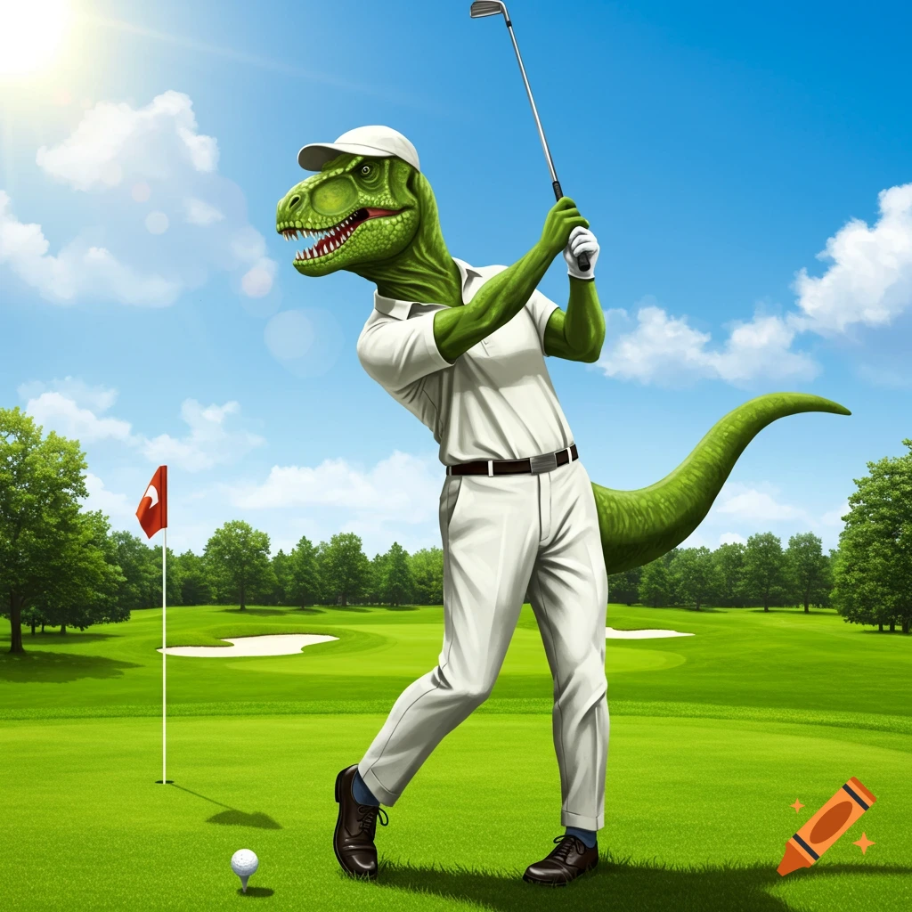 A green T-Rex wearing a white polo shirt and cap swings a golf club on a sunny golf course.