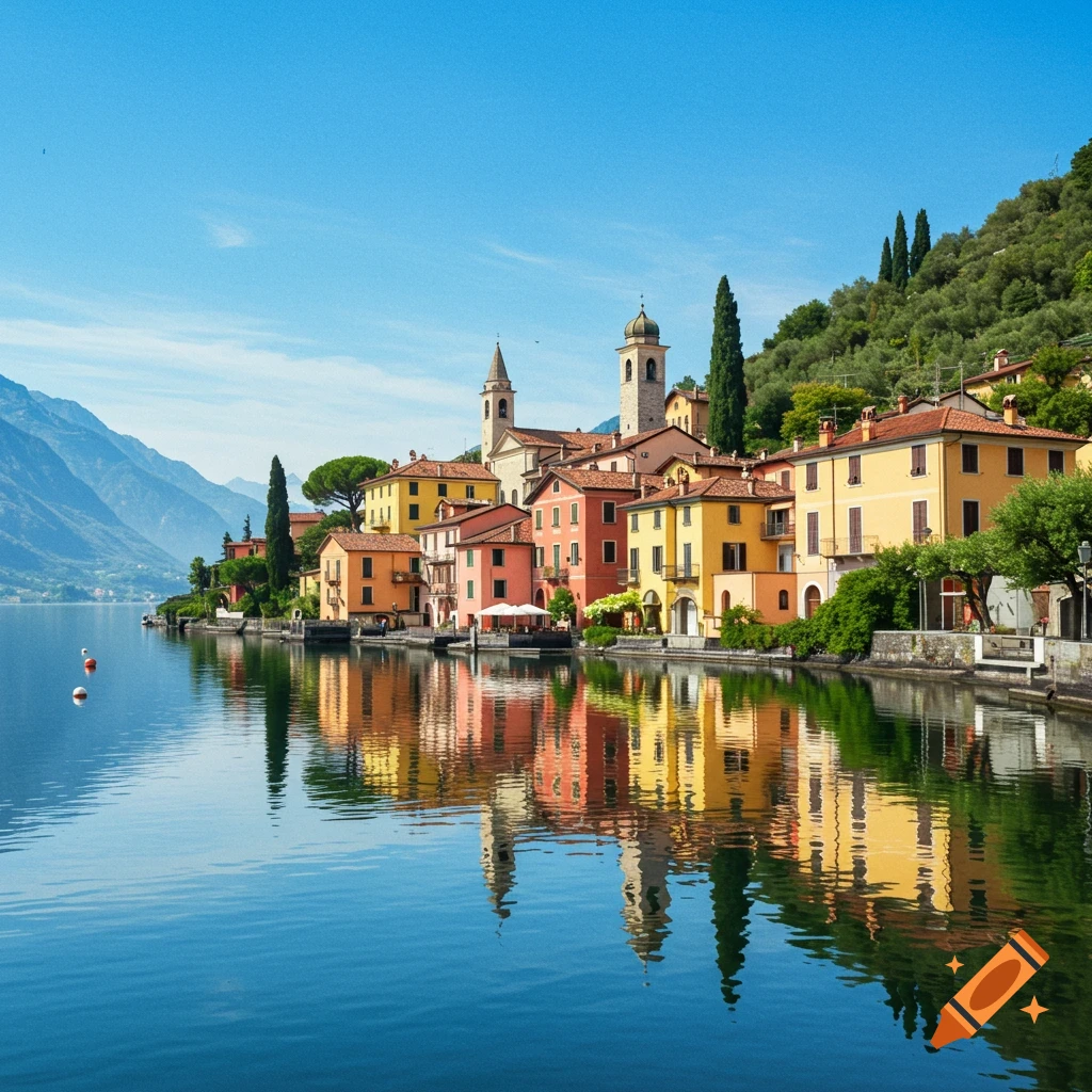 A colorful village on the shore of a lake with reflections in the water and mountains in the background.