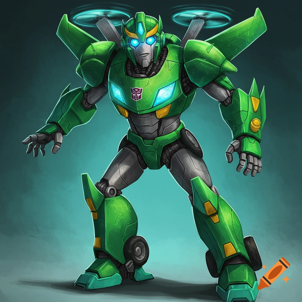 A green robot with propellers and blue eyes