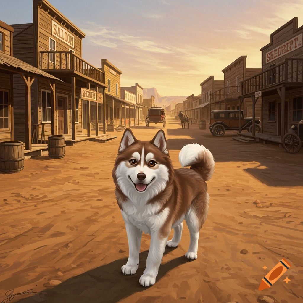 A brown and white husky mix stands on a dusty street in a wild west town.
