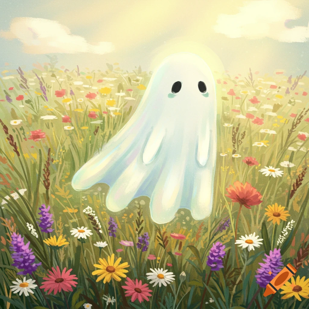 A sad white ghost floats in a sunny field of colorful wildflowers.