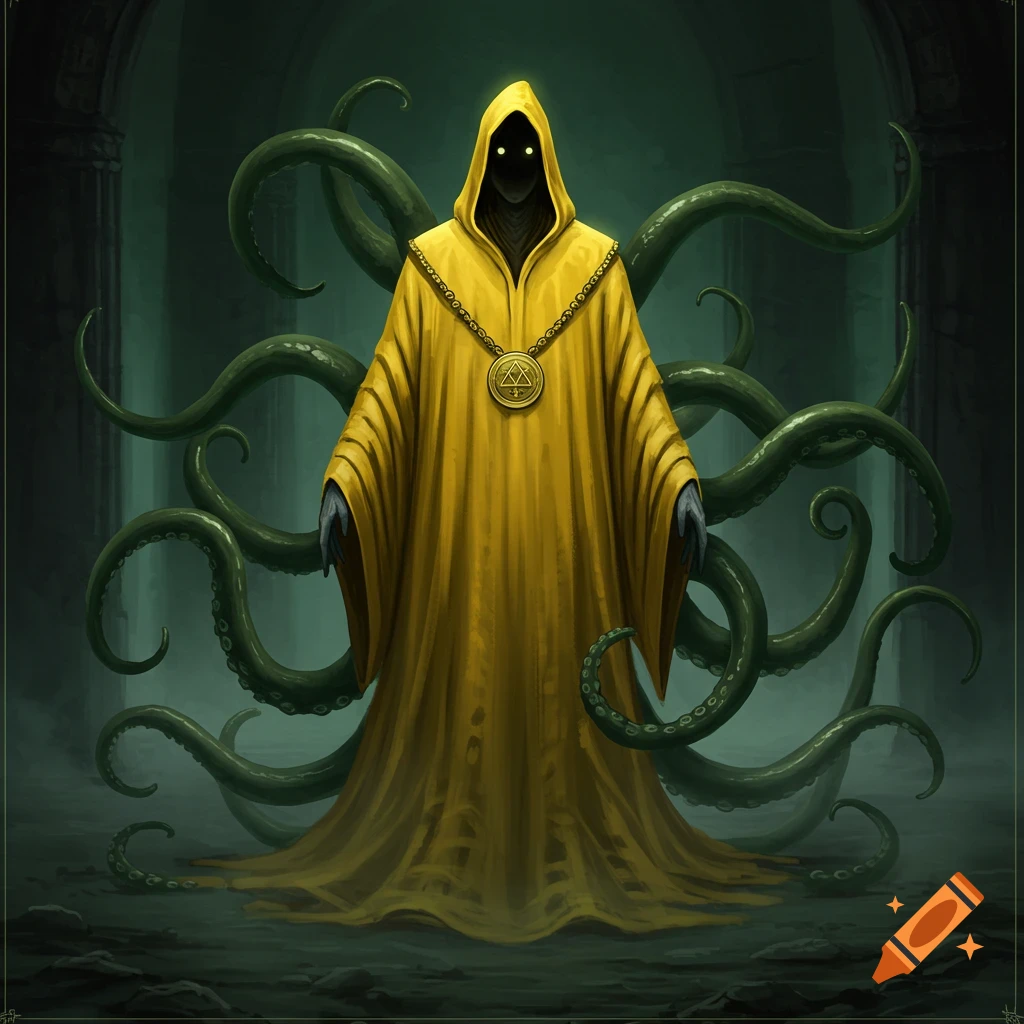 Figure in yellow robe with glowing eyes surrounded by tentacles in a dark, eerie environment.