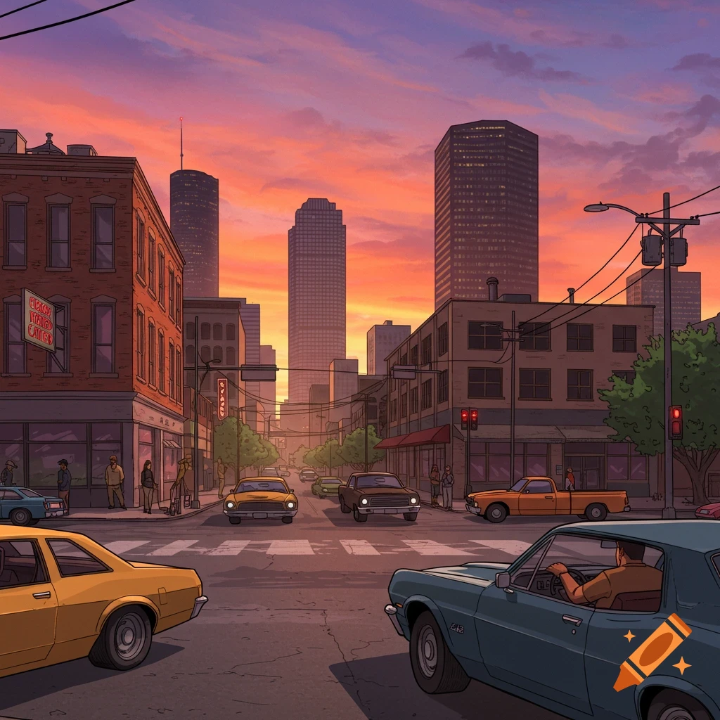 A street scene in Houston at sunset, with cars and people, in a Grand Theft Auto cutscene style.