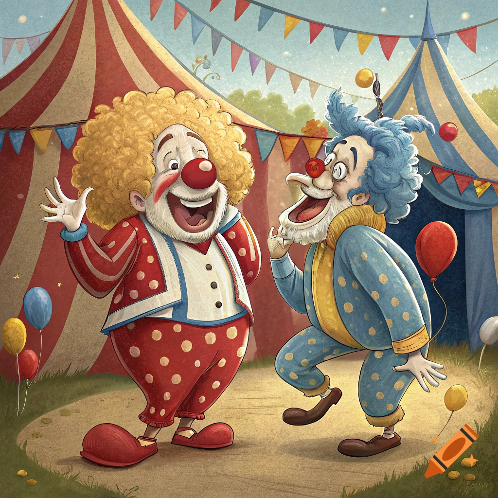 Colorful illustration of two laughing clowns at a circus with tents and balloons.