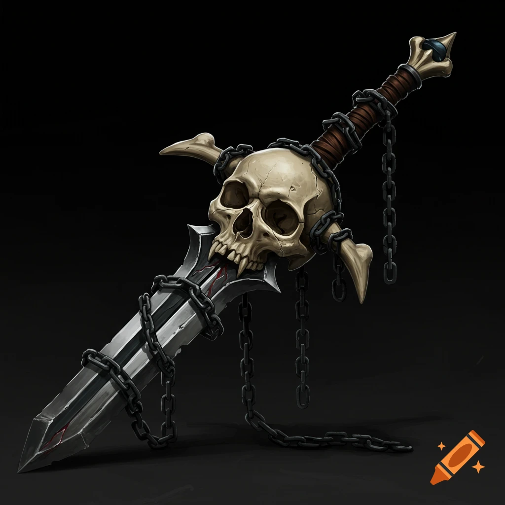 A fantasy sword with a skull hilt wrapped in chains.