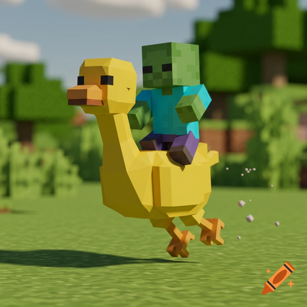 A blocky zombie rides a blocky yellow bird through a blocky landscape.