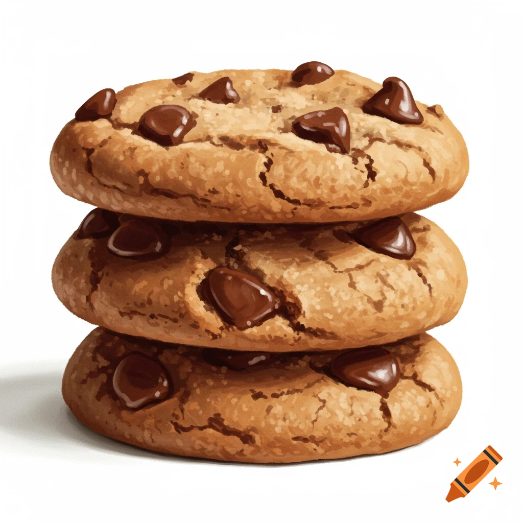 Three chocolate chip cookies stacked on a white background