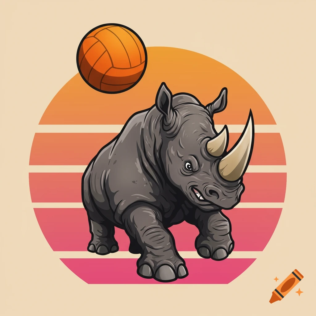 Cartoon rhino playing volleyball in front of a sunset logo.
