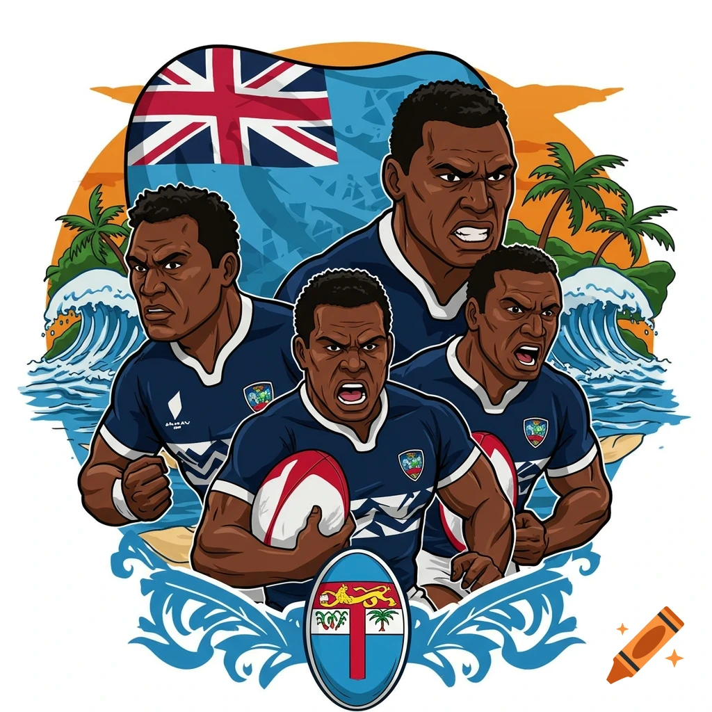 Vector graphic of Fiji rugby players running on a beach with a Fiji flag backdrop.