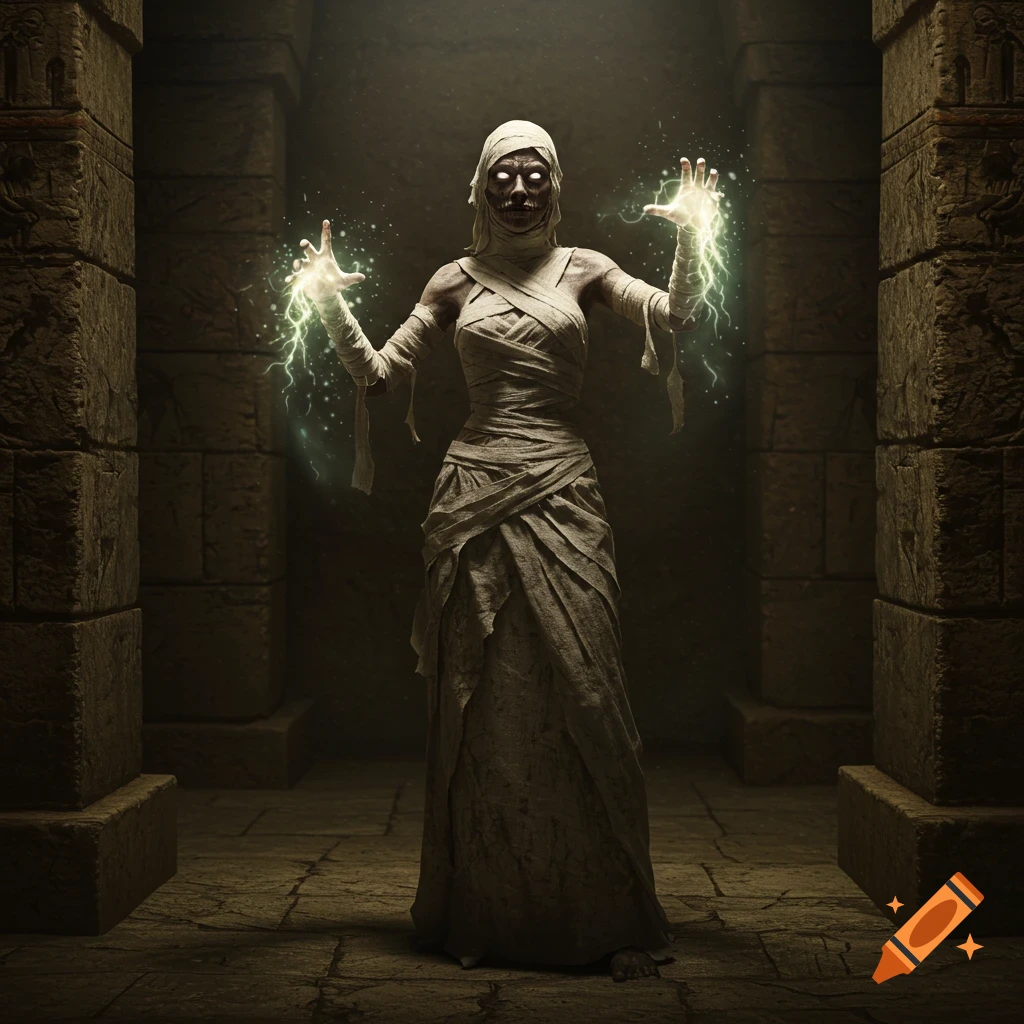 A mystical mummy figure with glowing eyes and bandages, casting electric magic in a dark ancient tomb.