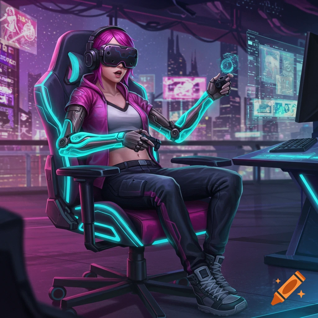 Image of a futuristic streamer with pink hair and cybernetic arms playing a game in a neon-lit room.