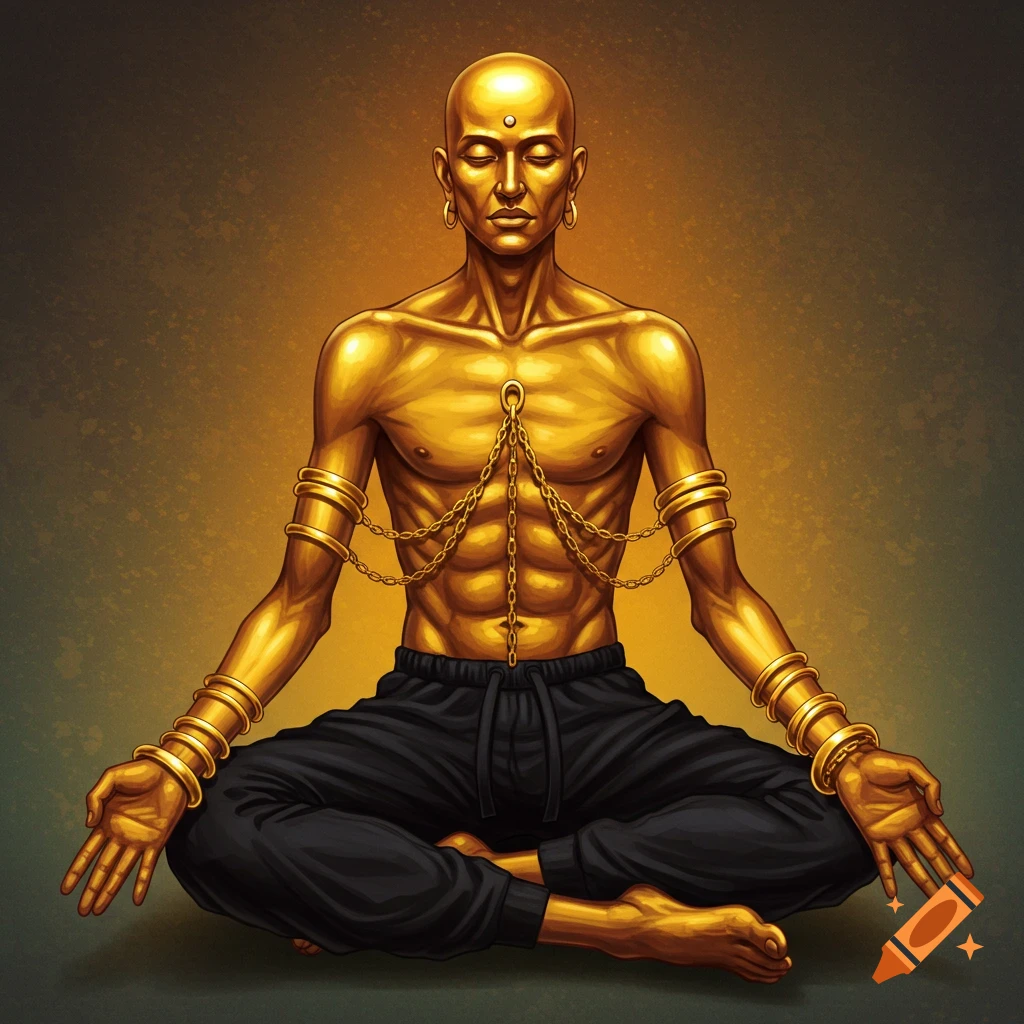 A bald man with gold skin and chains meditating.