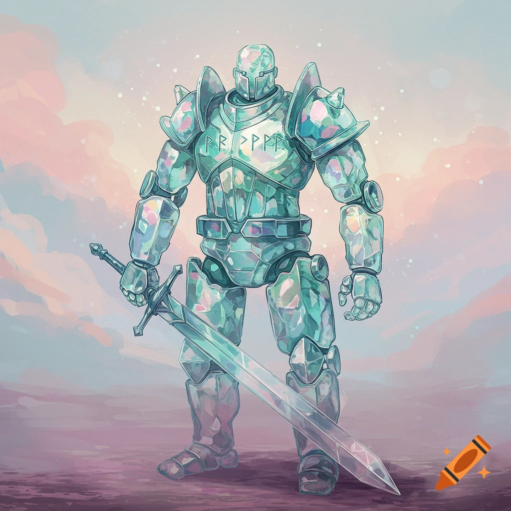 A faceted glass golem knight standing in a hazy landscape, holding a sword.