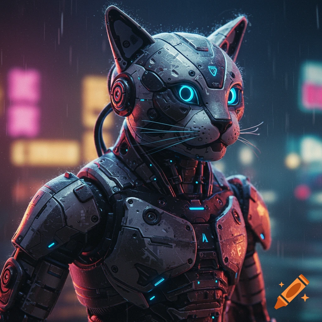 Cyborg cat in futuristic armor standing in the rain in a city street.