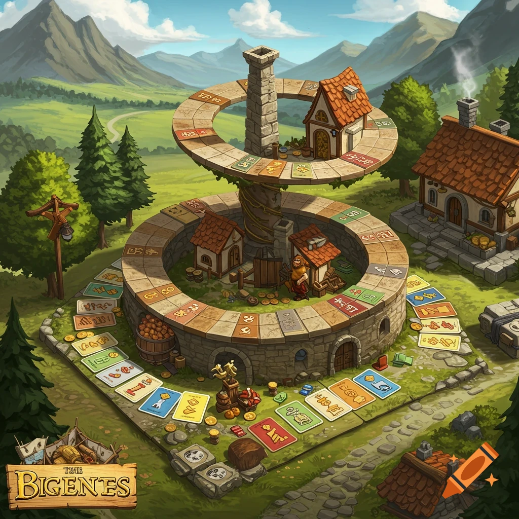 A spiral board game set in a village with houses, tokens, and cards.