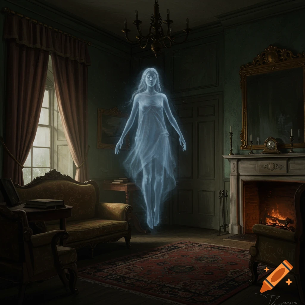 A ghostly figure floats in a dimly lit, antique room with a fireplace and large window.