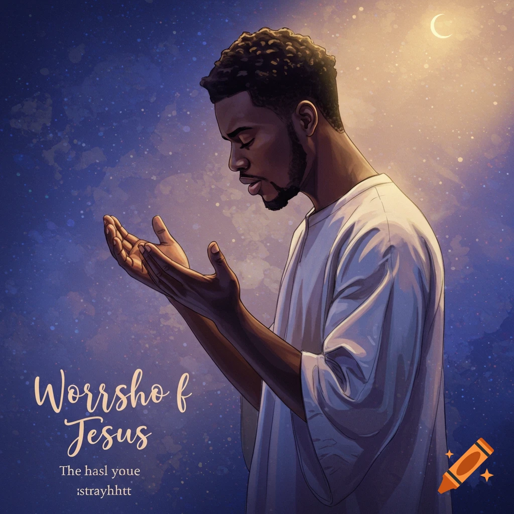 A young man is praying at night with hands raised, with stars and moon in the sky.