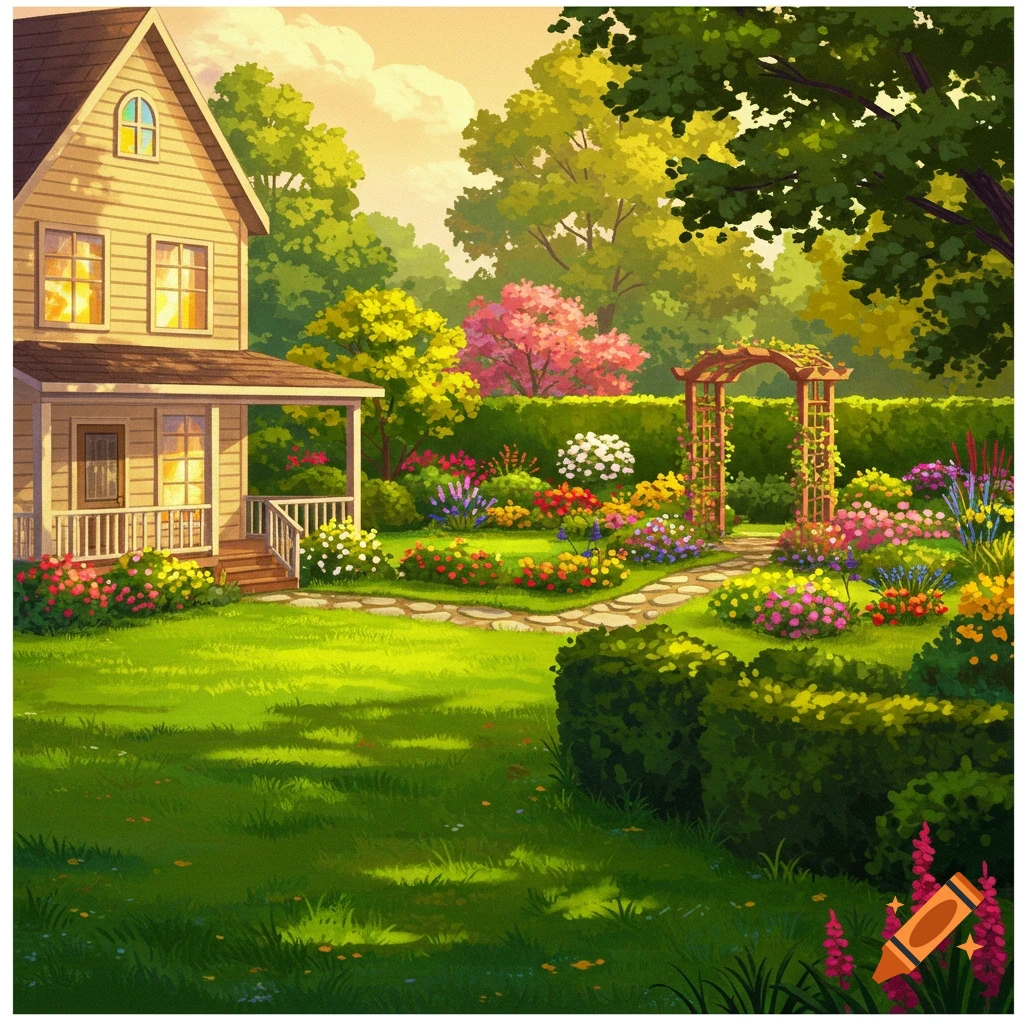 A country house with a vibrant garden, path, and arbor.
