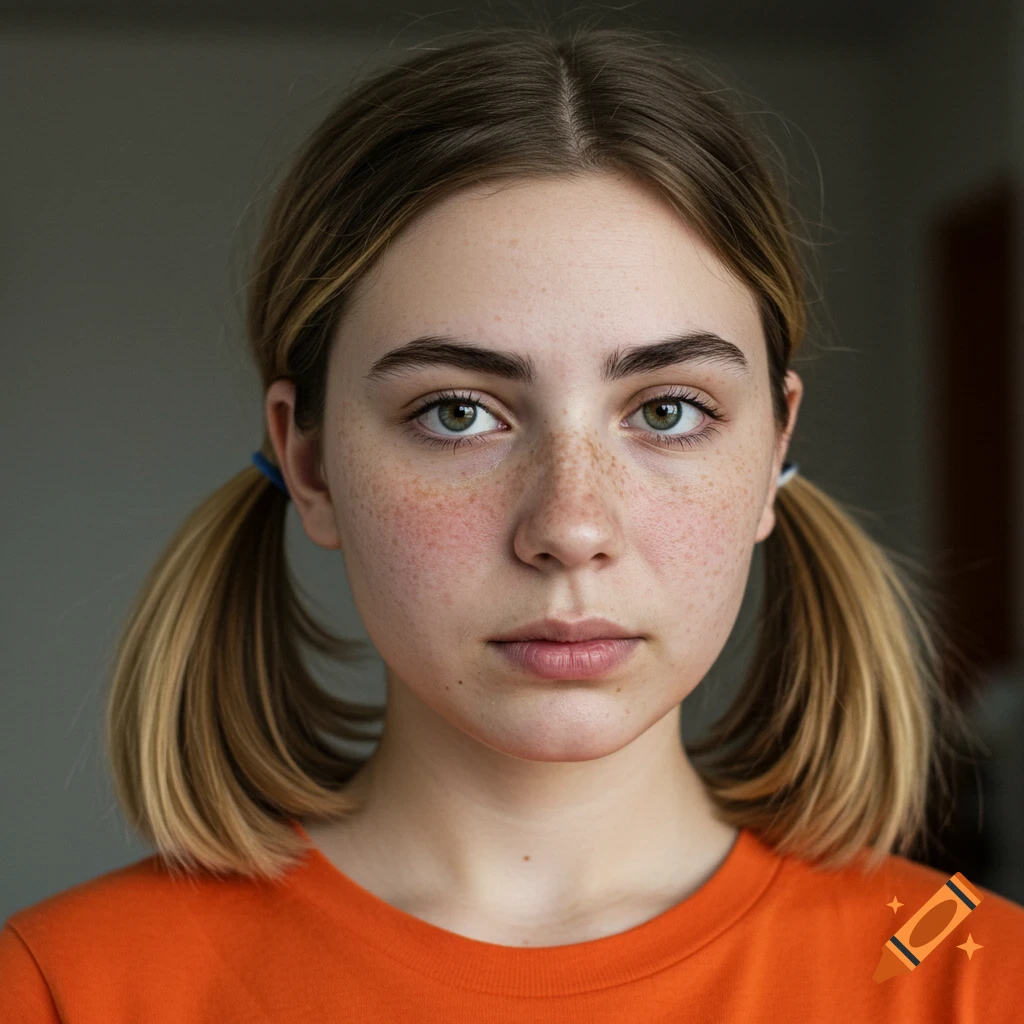 Headshot of a young woman with freckles, wearing an orange shirt, hair in pigtails