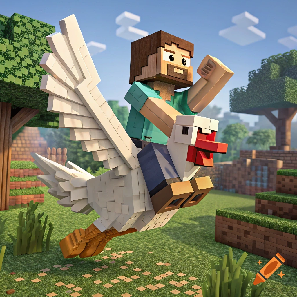 A blocky character resembling Steve from Minecraft rides a giant chicken through a blocky outdoor landscape.