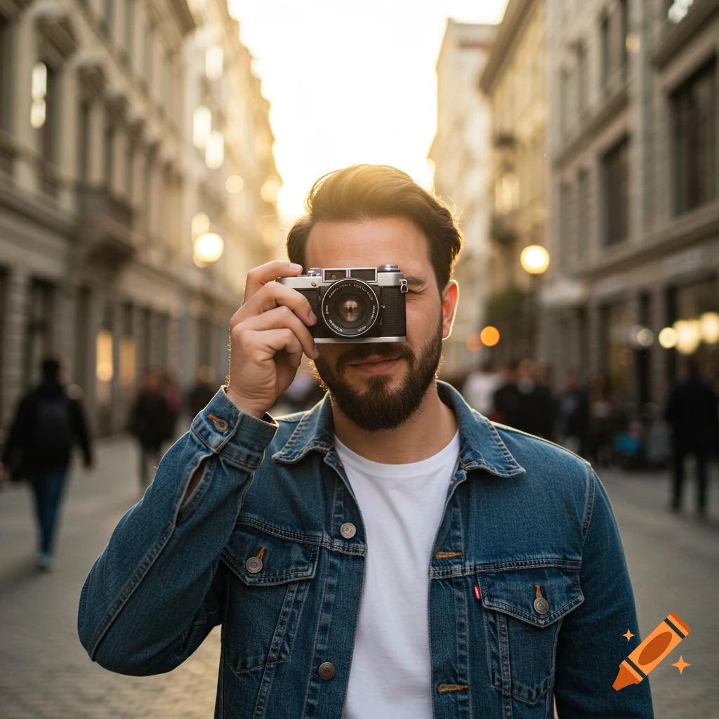 A man holds a camera up to his eye on a sunny city street.