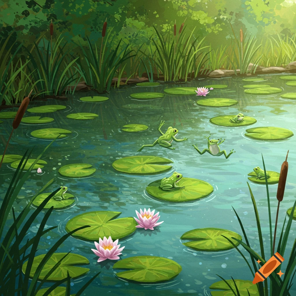 A pond with frogs hopping on lily pads among flowers and grass.