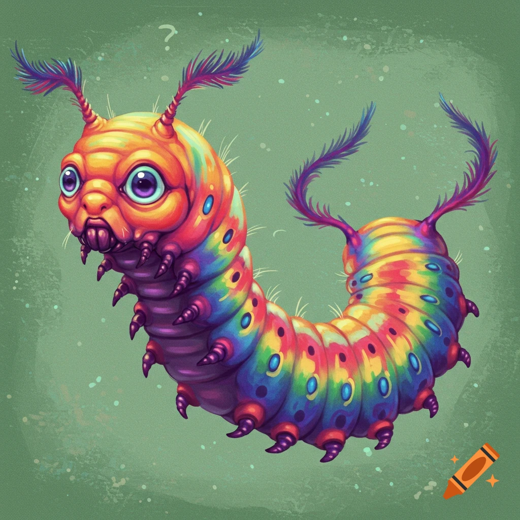 A vibrant, cartoony rainbow caterpillar on a green background.