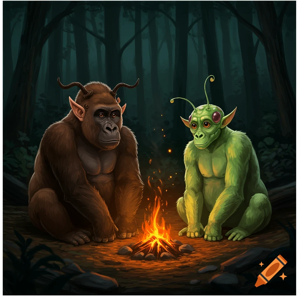 Two fantasy creatures, one brown with horns and elf ears, one green with antennae, sitting by a campfire in a dark forest.