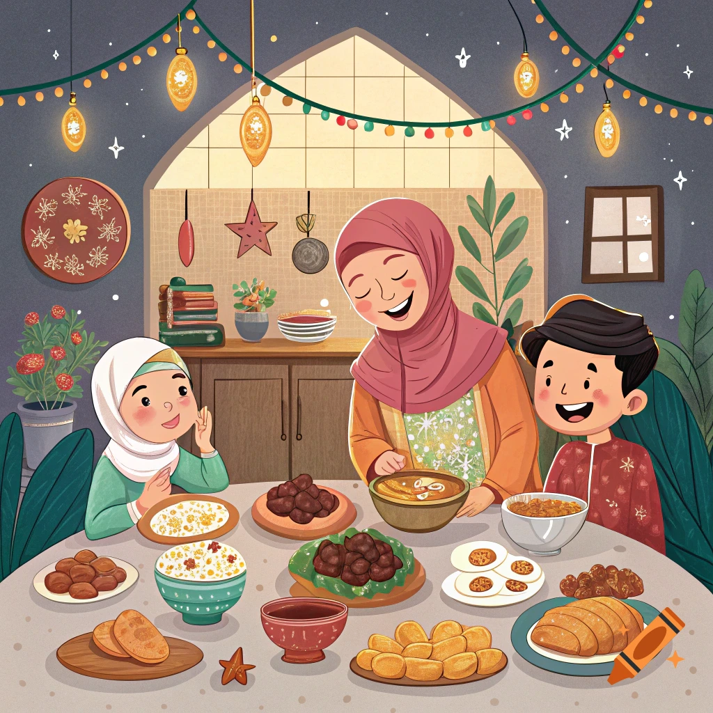 Cartoon illustration of a Muslim family eating Sahur together under string lights.