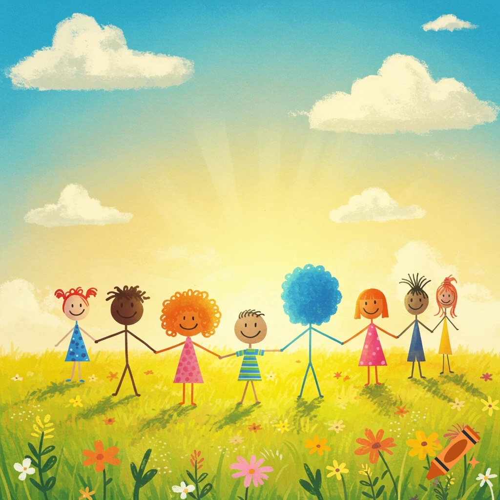 Diverse stick figures are holding hands in a sunny field with flowers.