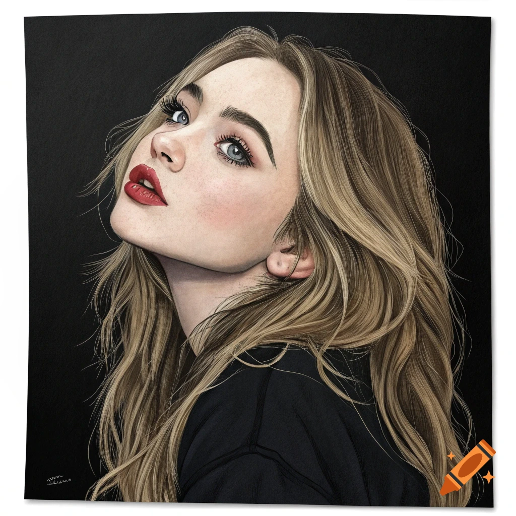 Drawing of a woman with blonde hair and red lipstick looking up against a black background.