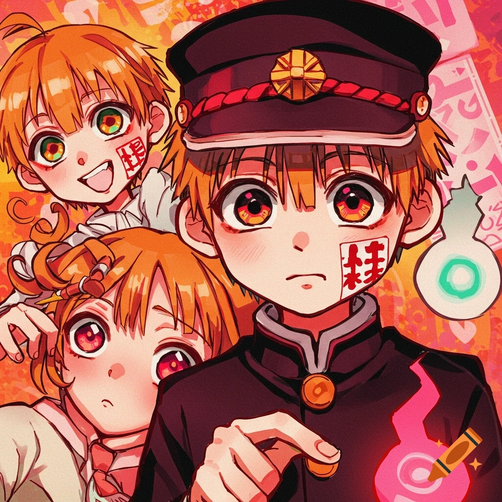 Anime illustration of three characters in the style of Toilet-Bound Hanako-kun.