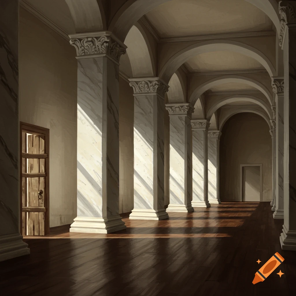 a sunlit hallway with marble pillars and arches, a wooden door ajar