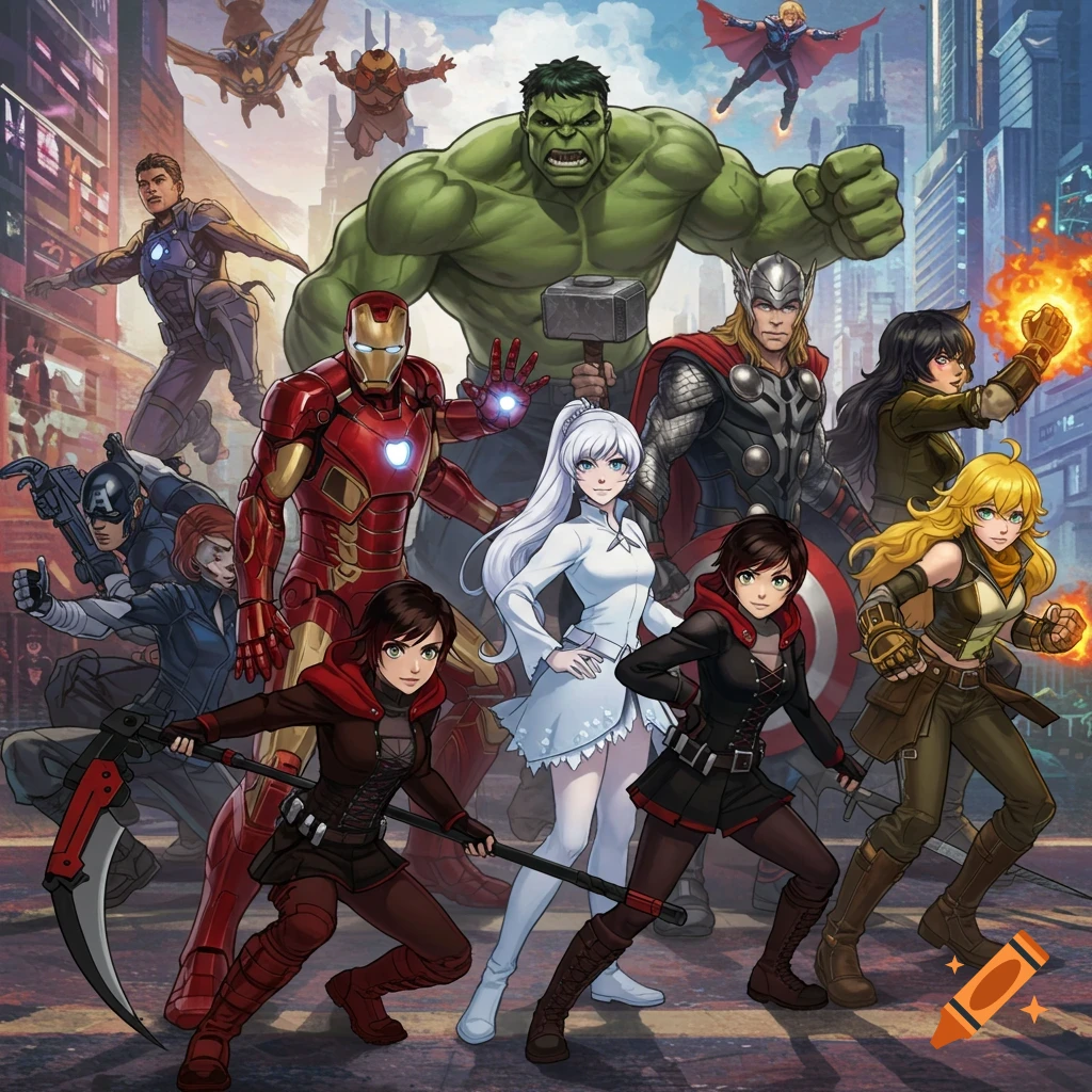 Avengers and RWBY characters gathered in a city.