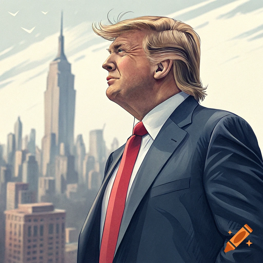 Stylized illustration of Donald Trump looking at the New York City skyline with the Empire State Building.
