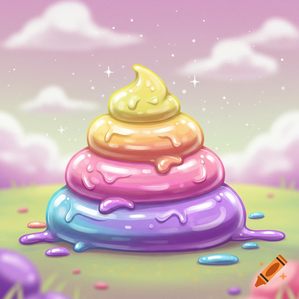 Rainbow-colored unicorn poop is in a grassy field under a pastel sky.