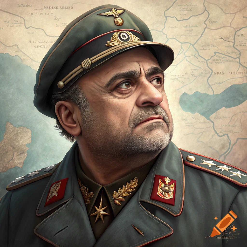 Stylized portrait of a man in a military uniform and hat with a map background.