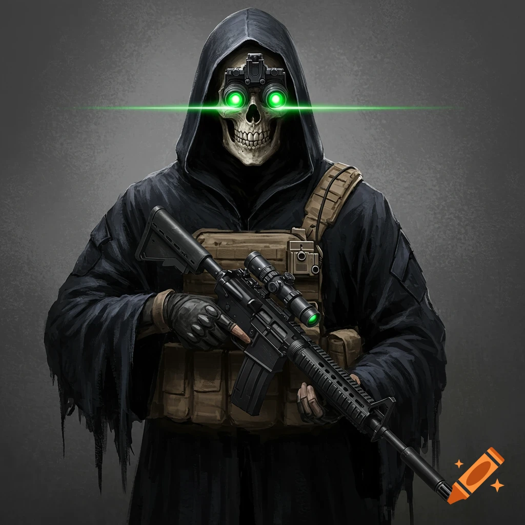 Grim reaper in tactical gear holding a rifle with glowing green night vision goggles.