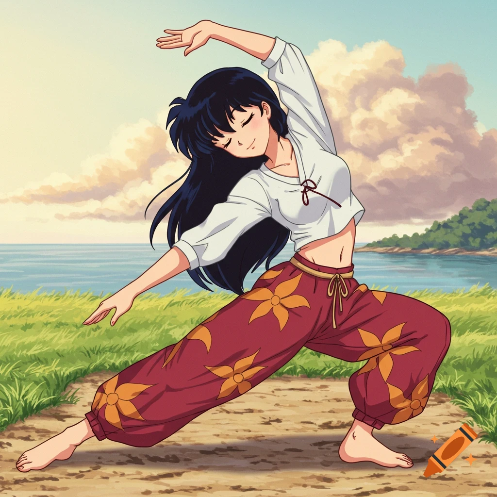 Kagome from Inuyasha stretching in a field by the water, anime style.
