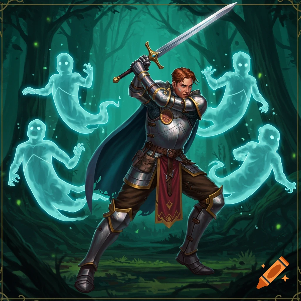 A knight fights glowing ghost figures in a dark forest.