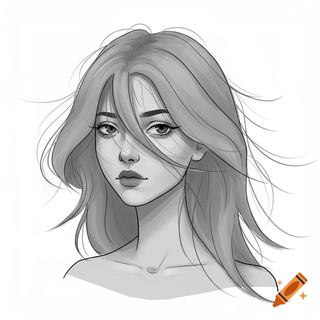 Black and white line art portrait of a woman with long flowing hair.