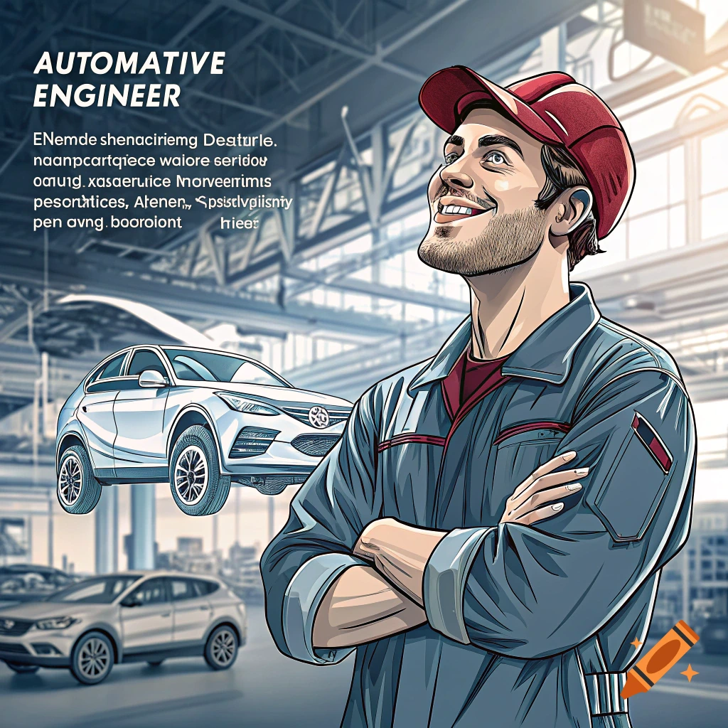 Illustration of an automotive engineer in a workshop with cars