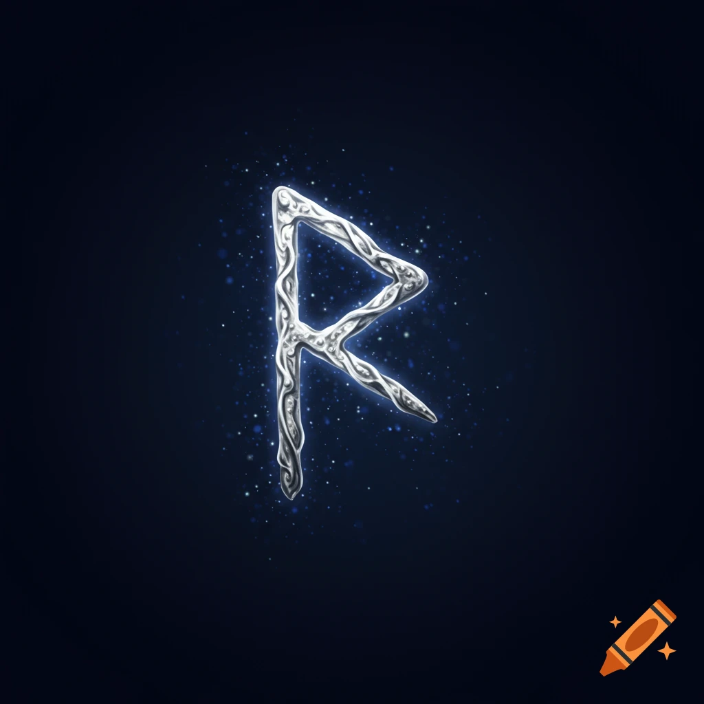 A silver, stylized rune symbol on a dark, starry background.