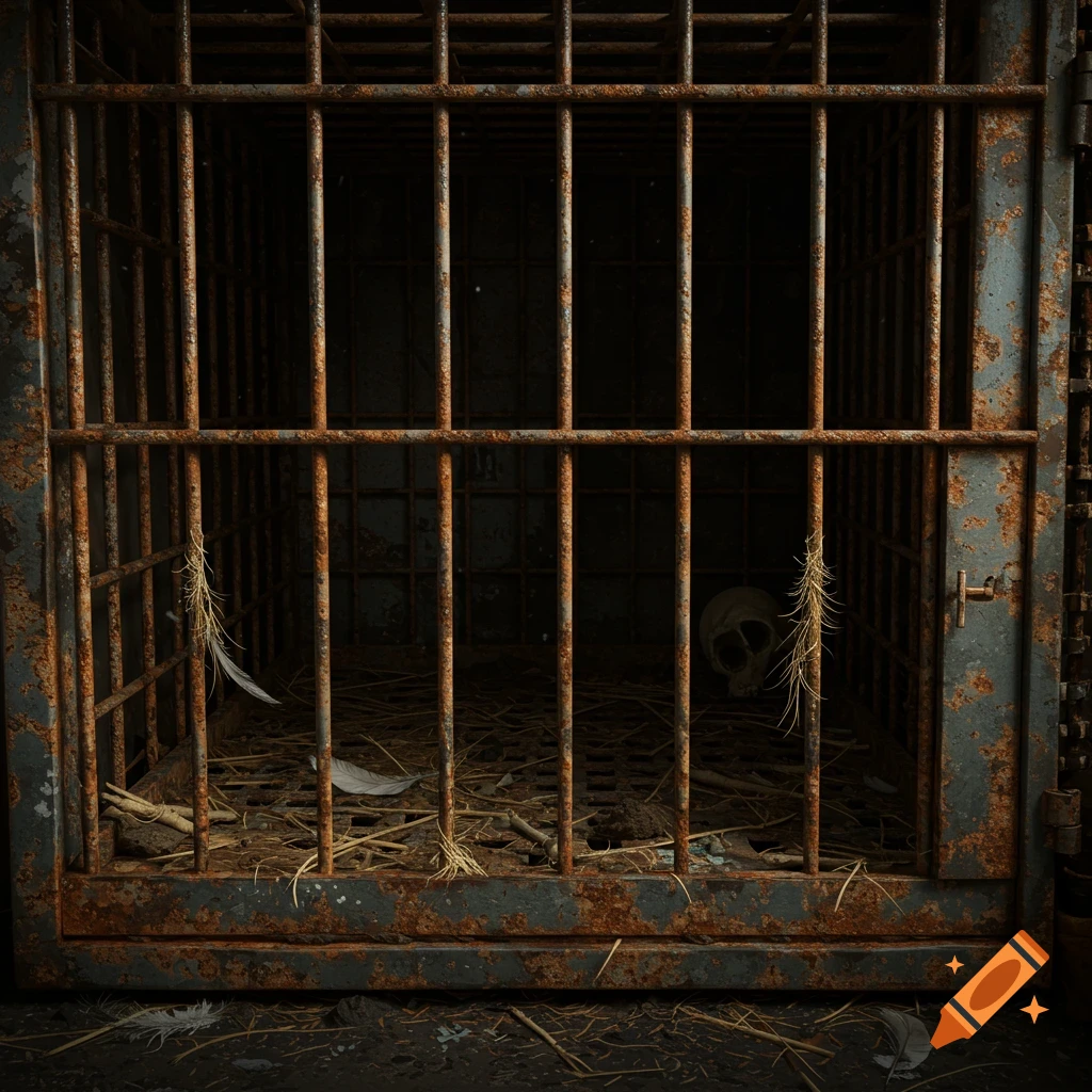 A rusty cage containing a skull and feathers in a dirty environment.
