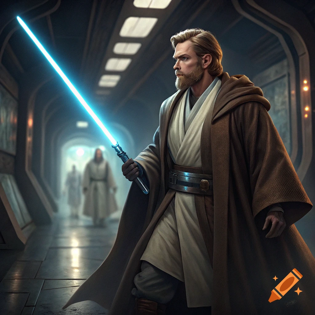 Obi-Wan Kenobi stands in a futuristic corridor holding a blue lightsaber, with two figures in the background.