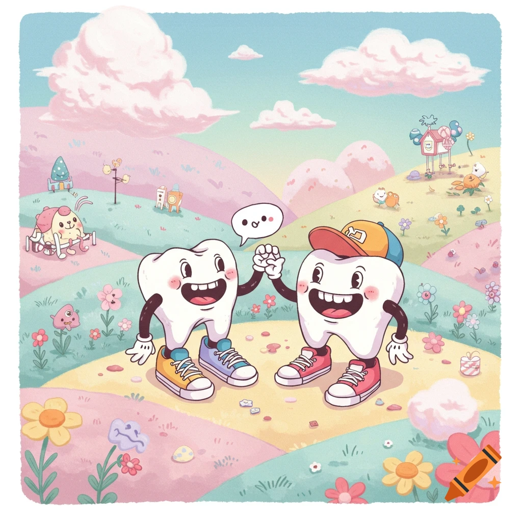 Two cartoon teeth characters high-fiving in a colorful, whimsical landscape.