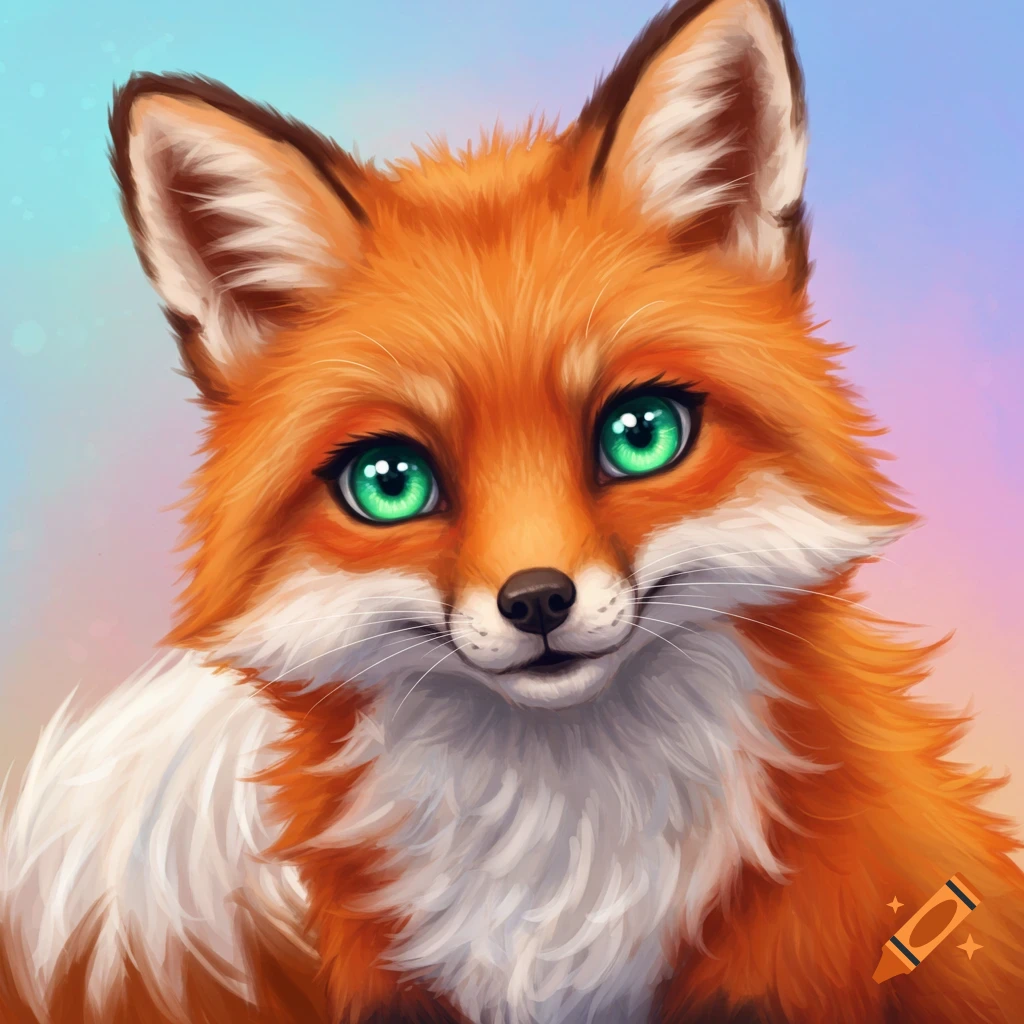 Close-up of a cute red fox with bright green eyes.
