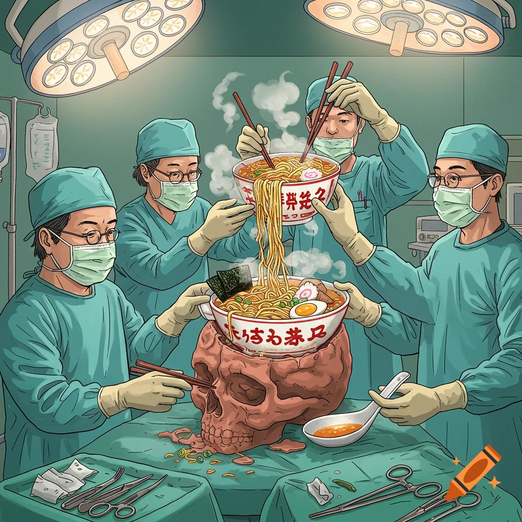Surgeons are putting ramen in a skull on an operating table.