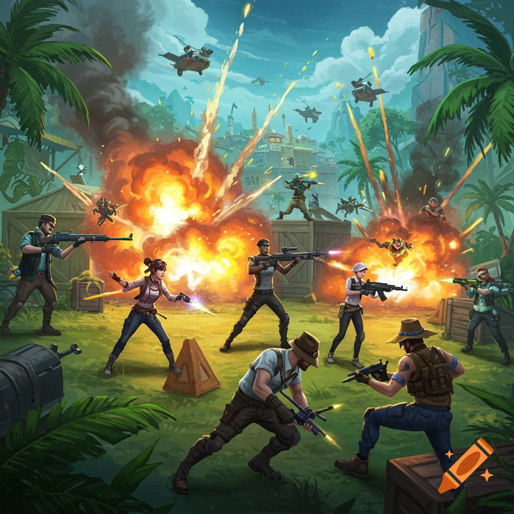 A chaotic battle royale scene with multiple soldiers, explosions, and helicopters in a tropical setting.