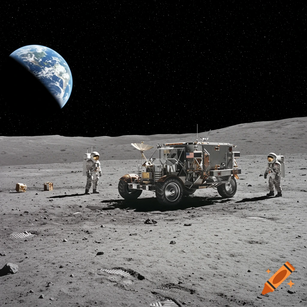 Two astronauts stand with a rover on the moon's surface, with Earth visible in the background.